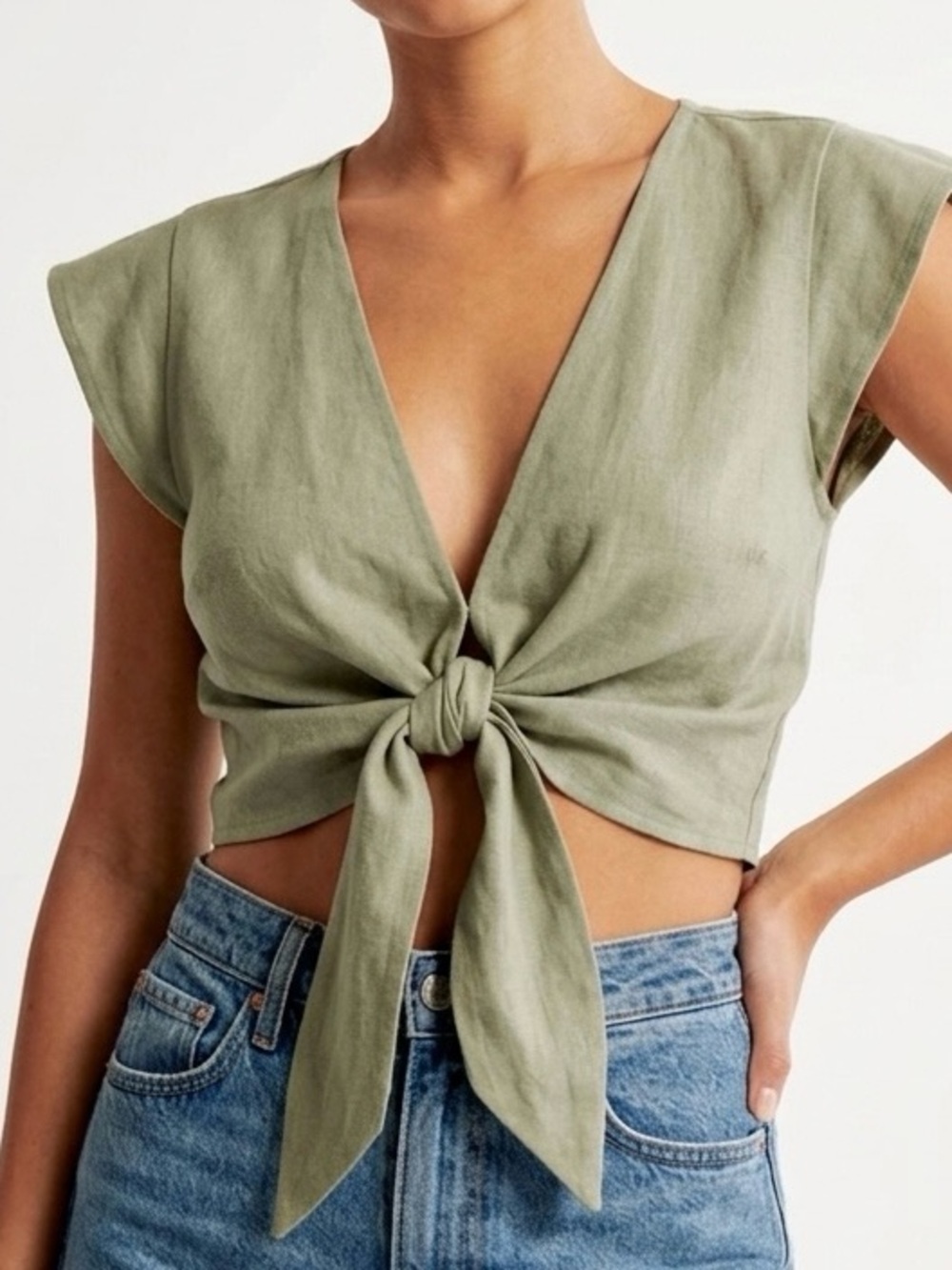 Abercrombie & Fitch Olive Green Linen Blend Tie-Front Crop Top, Size Small